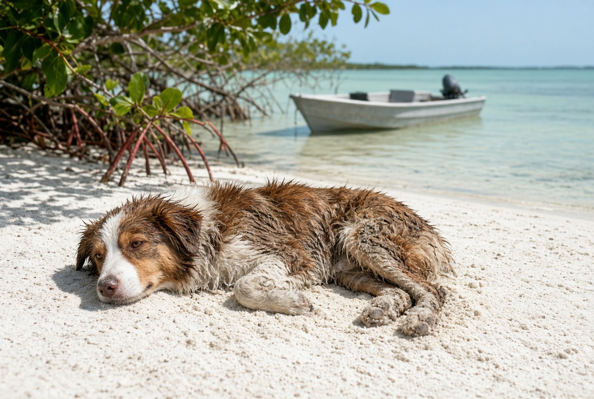 An injured brown and white young dog lying on white sand under mangroves, with a small boat on clear water behind her