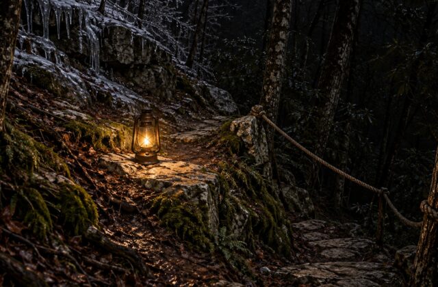A lantern glowing on a dark forest trail beside a rope line