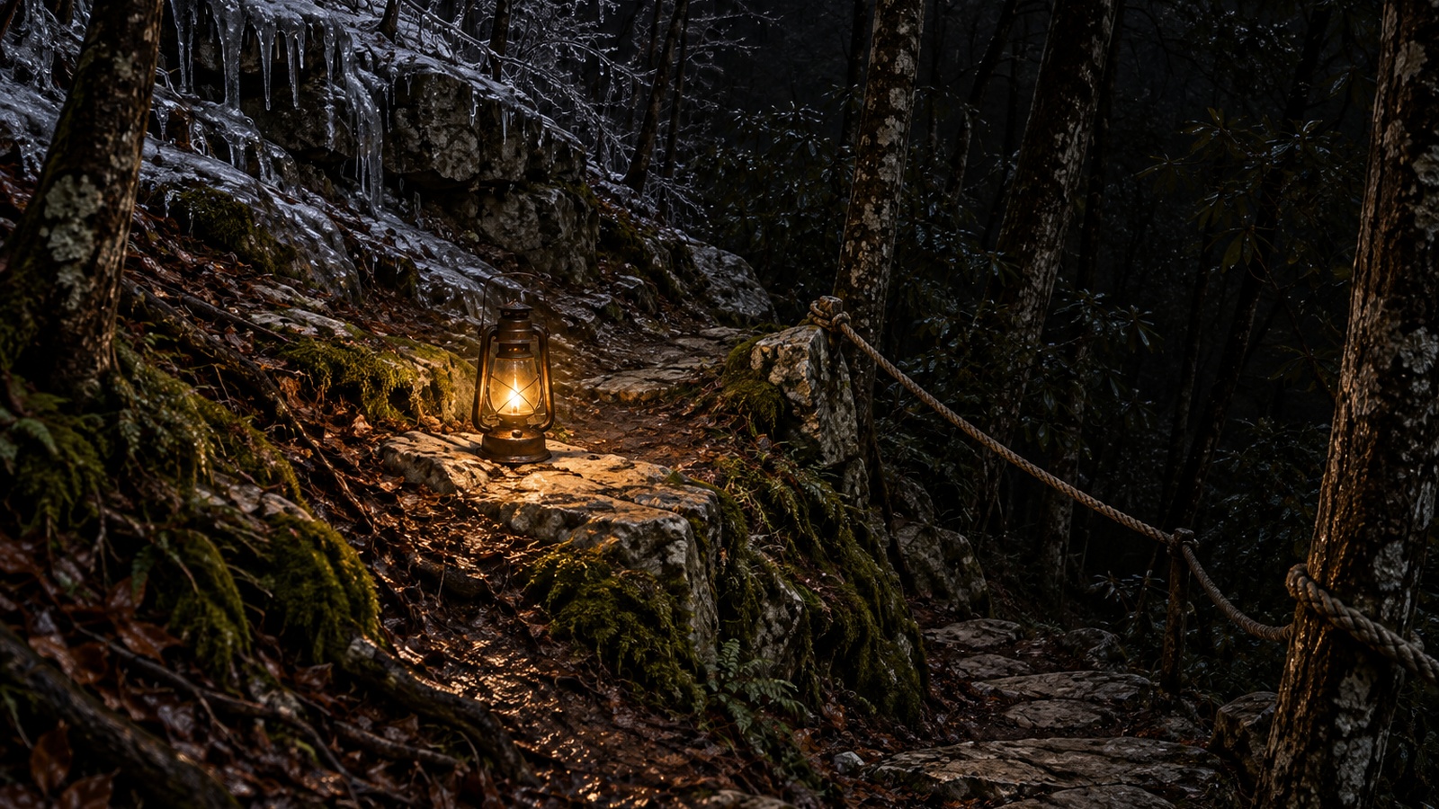 A lantern glowing on a dark forest trail beside a rope line