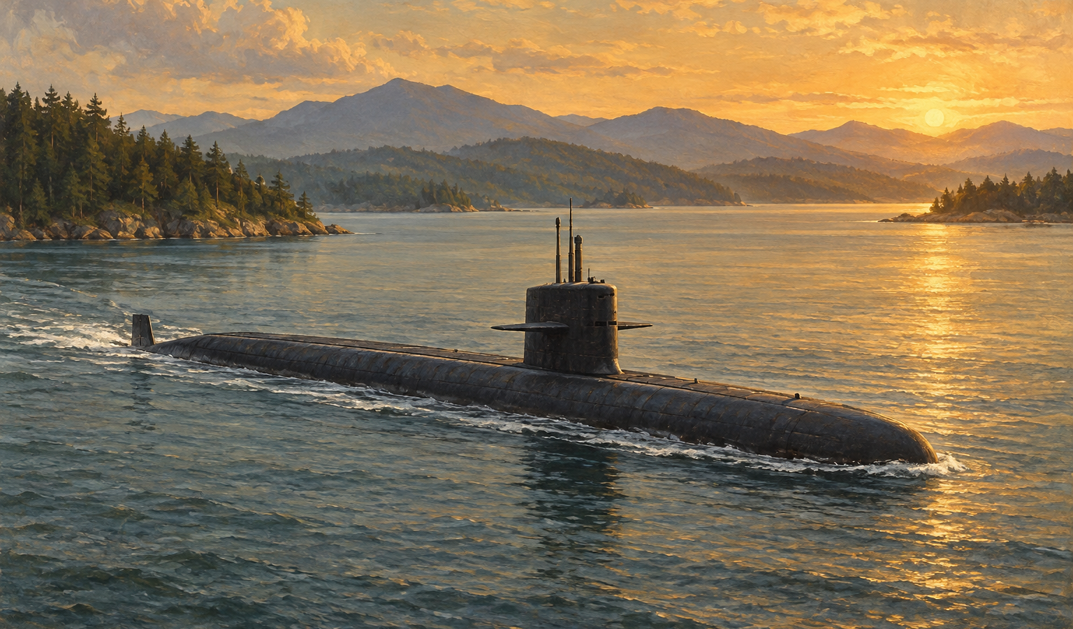 A submarine underway on calm coastal waters beneath a golden sunset.