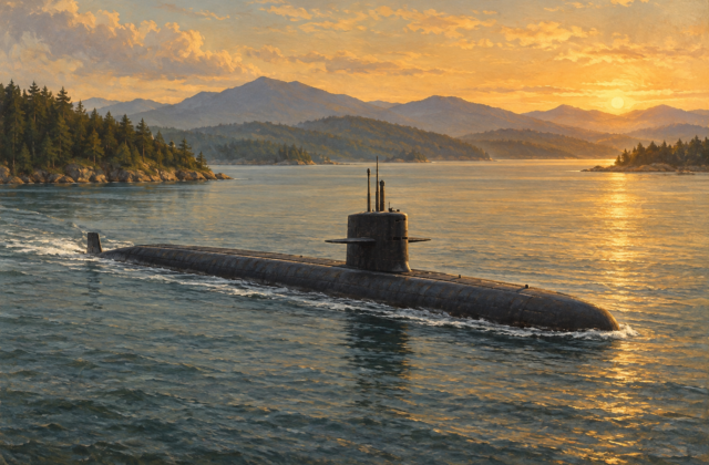 A submarine underway on calm coastal waters beneath a golden sunset.