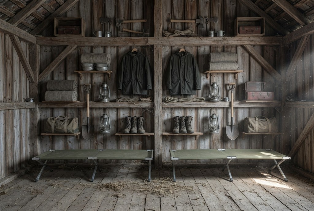 The inside of an old wooden barn, with coats, boots and supplies hung on the walls and two cots on the floor