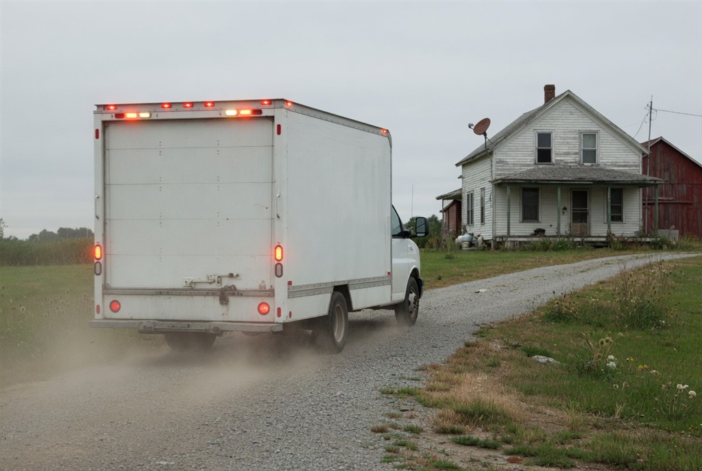 A white box truck driving up a gravel road toward an old farmhouse and a red barn