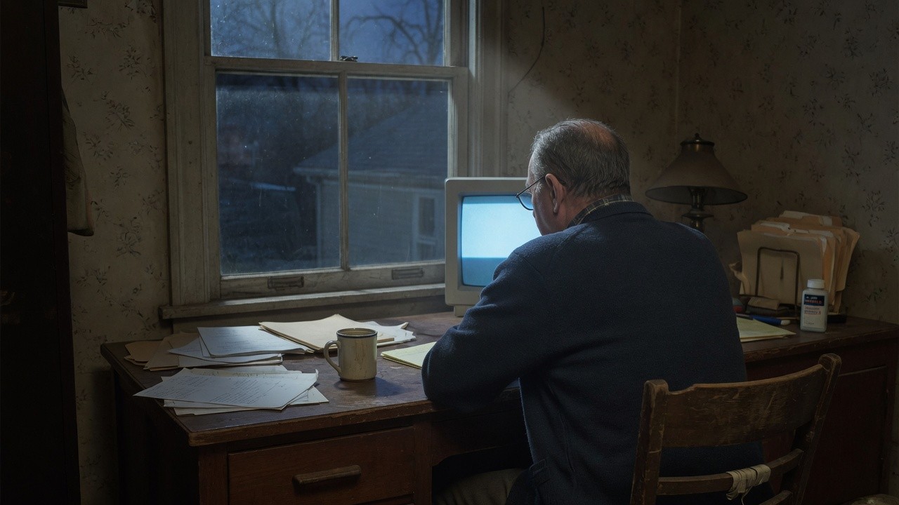 A man working at a computer at a desk by a window in a dim, old-fashioned room