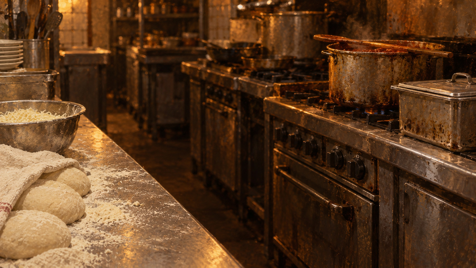 Dough and shredded cheese sit at a prep counter across a narrow aisle from a sauce pot and wooden spoon