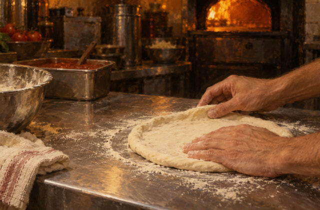 Hands stretching pizza dough on a floured steel prep counter, a pizza oven glowing behind.