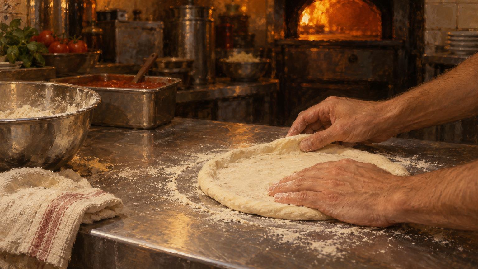 Hands stretching pizza dough on a floured steel prep counter, a pizza oven glowing behind.