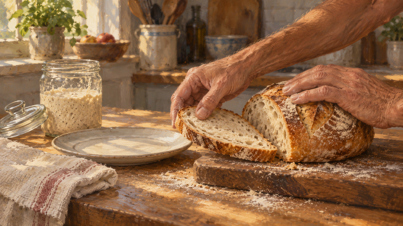 Weathered hands move a slice of sourdough toward a plate beside a loaf and a jar of starter in a sunlit kitchen
