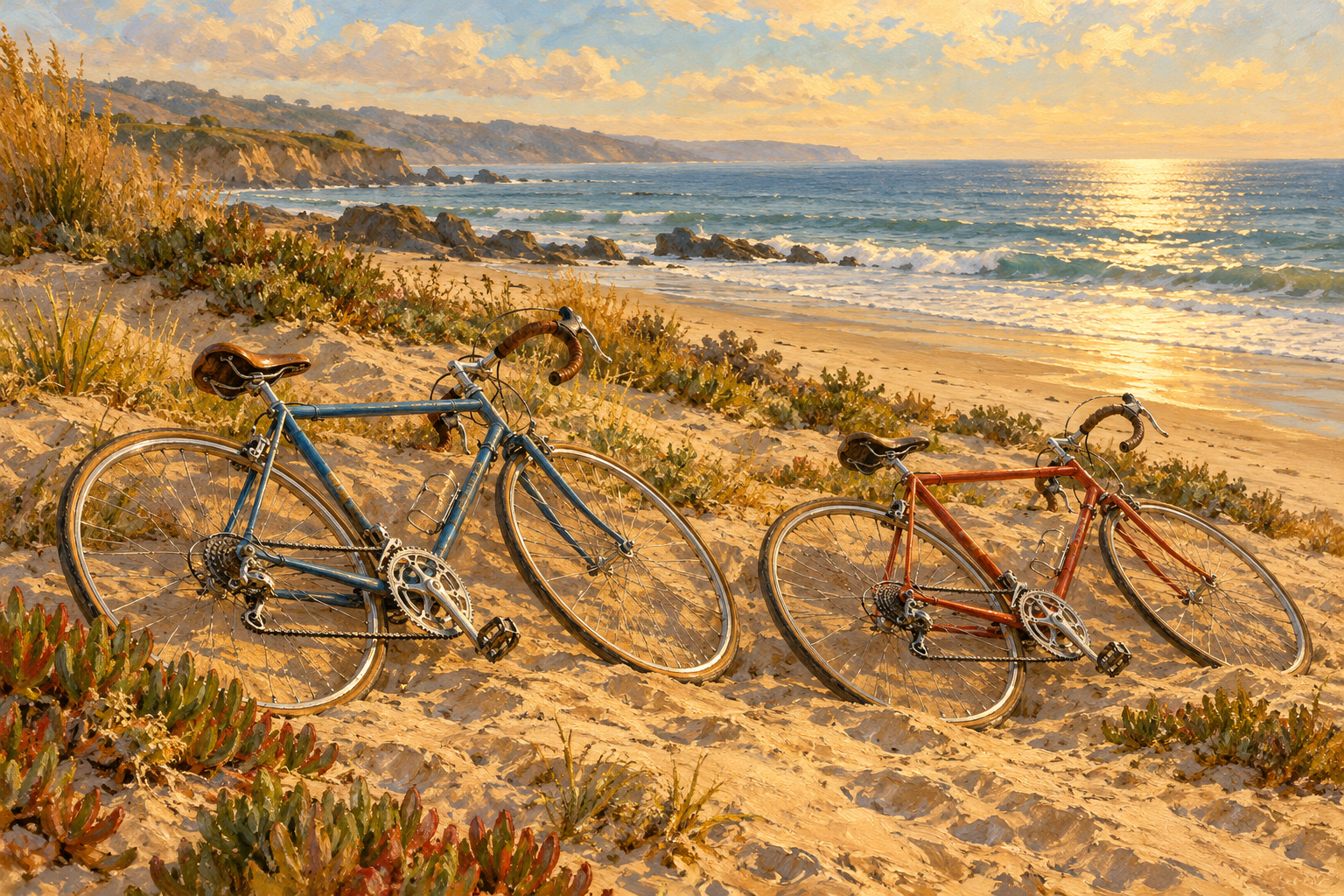 Two vintage bicycles resting on beach sand above the ocean in warm afternoon light