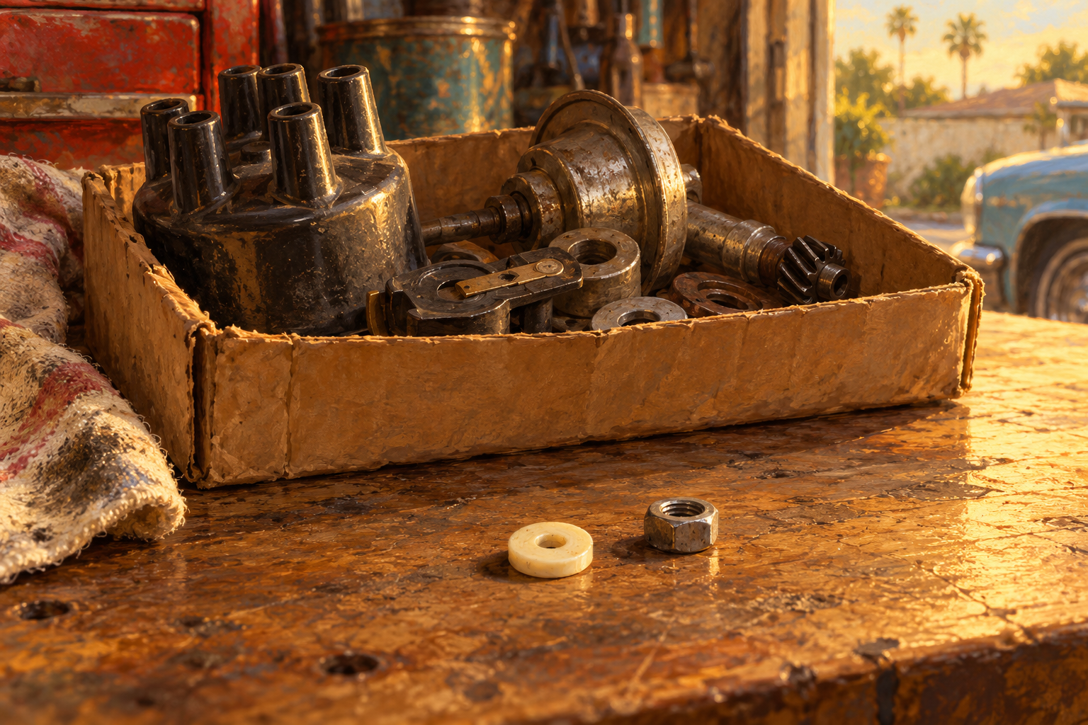 A small cream plastic insulator set beside a box of old car parts on a sunlit wooden workbench