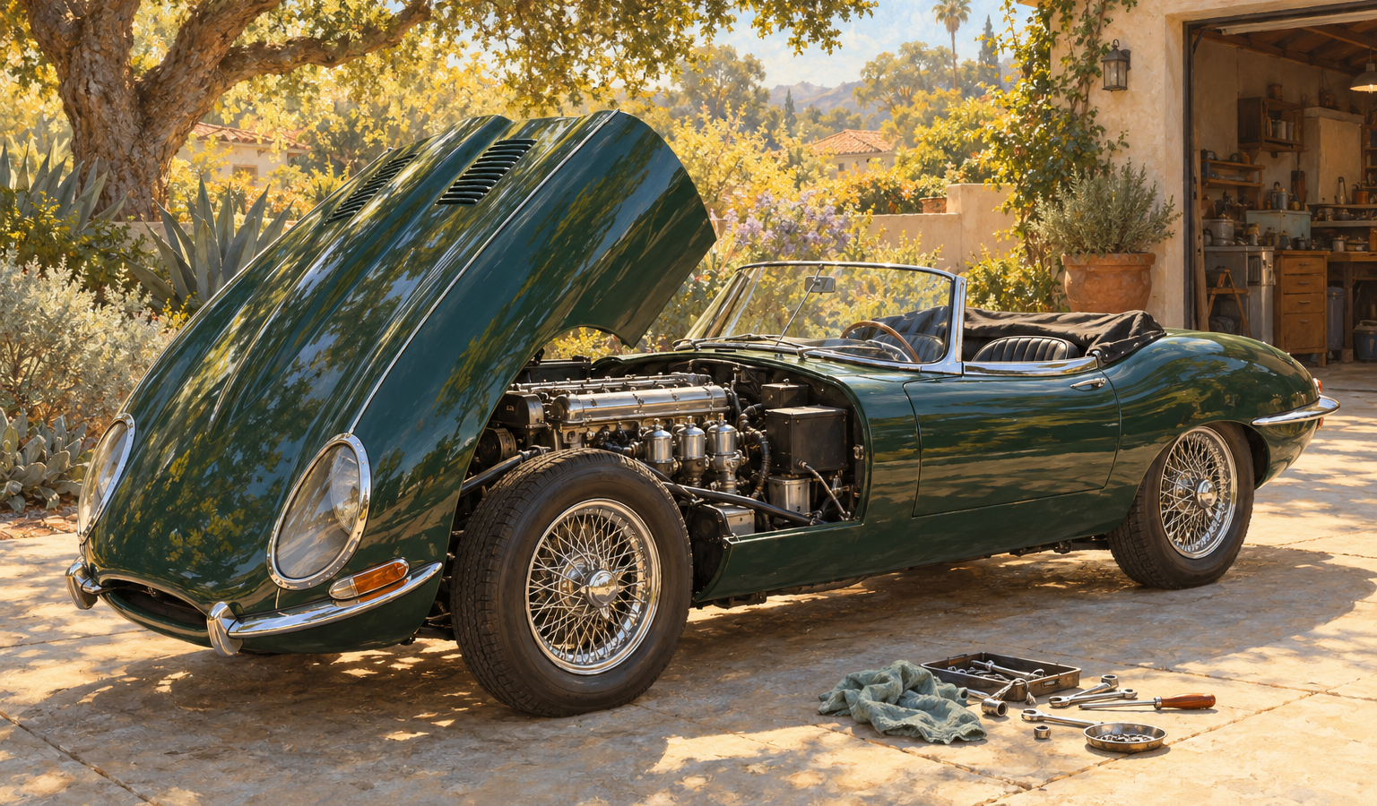 A green Jaguar convertible with its hood raised, tools and a rag beside it in a sunlit driveway.