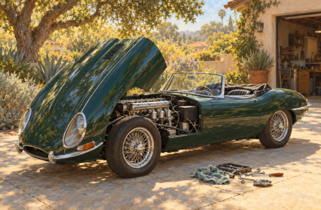 A green Jaguar convertible with its hood raised, tools and a rag beside it in a sunlit driveway.
