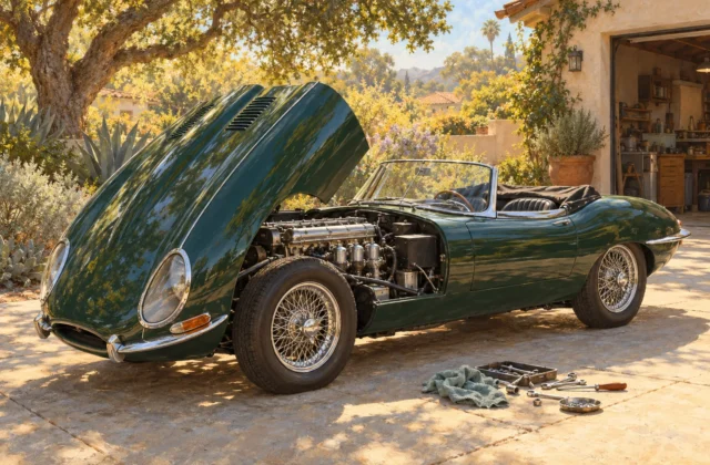 A green Jaguar convertible with its hood raised, tools and a rag beside it in a sunlit driveway.