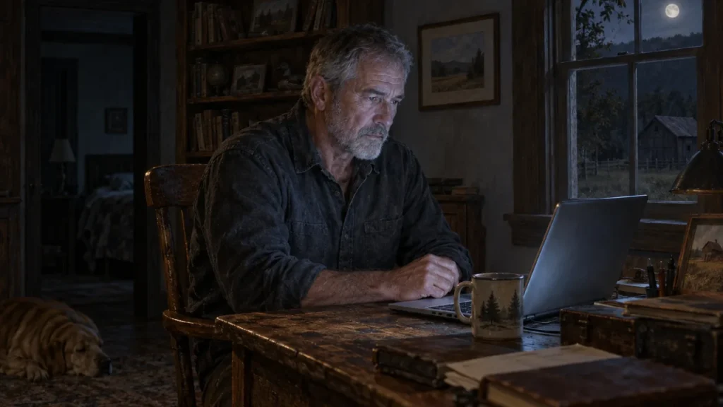 An older man works at a laptop late at night by a window with the moon outside; a mug sits on the desk and a dog sleeps nearby.