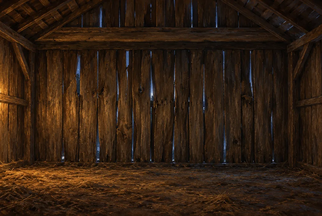 Cool light slips between the uninterrupted planks of the barn's north wall, viewed from inside; there is no door.