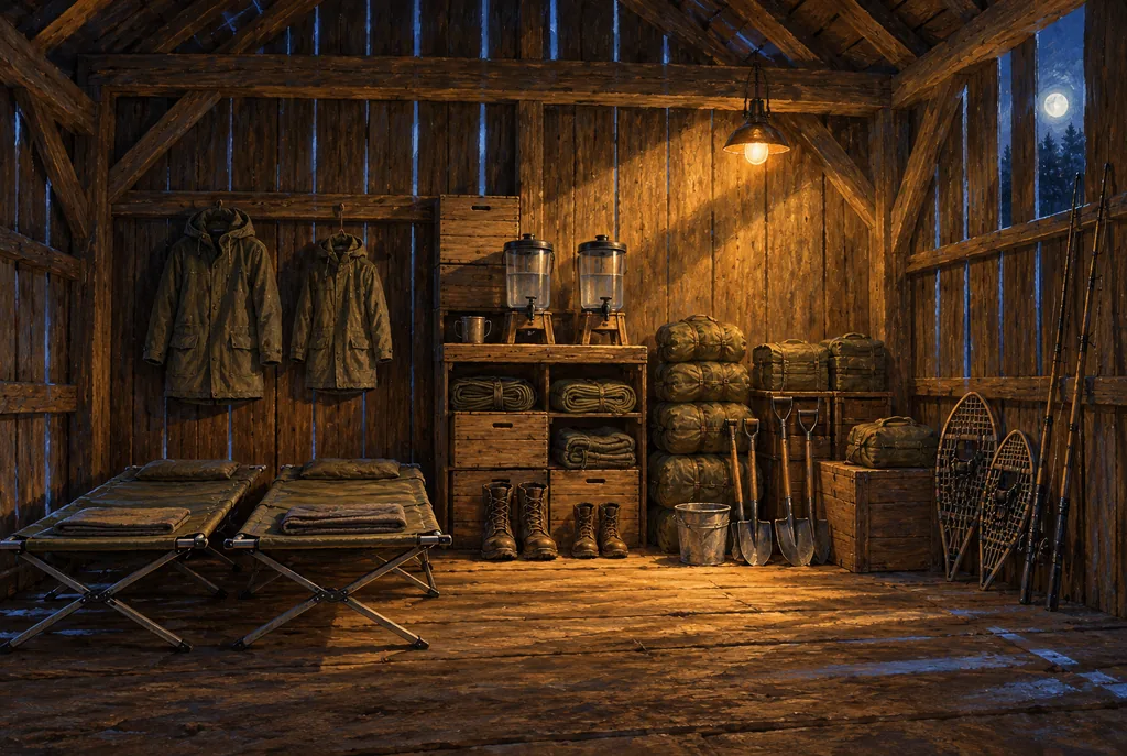 Two cots, two parkas of different sizes, two filtration units and two pairs of boots stand ready in a lamplit barn.