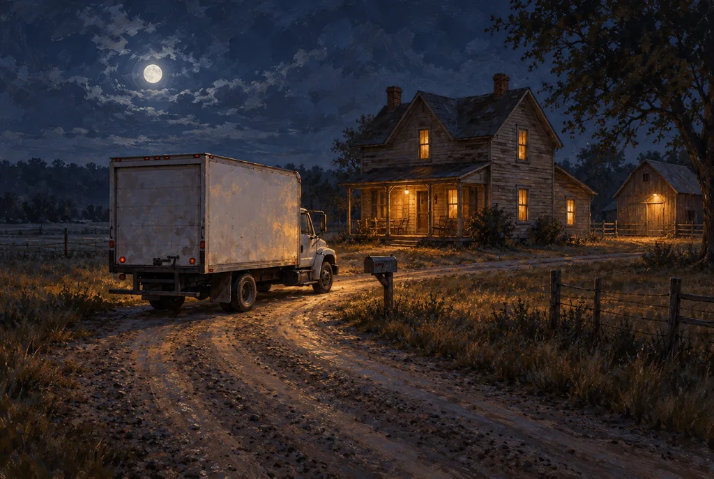 An unmarked white box truck approaches an isolated farmhouse and barn along a gravel lane in moonlight.