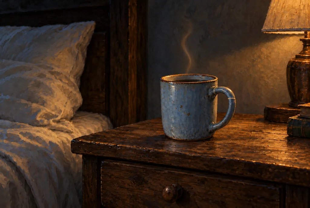 A blue mug with a thin glue line across its repaired handle sits steaming on a wooden nightstand.