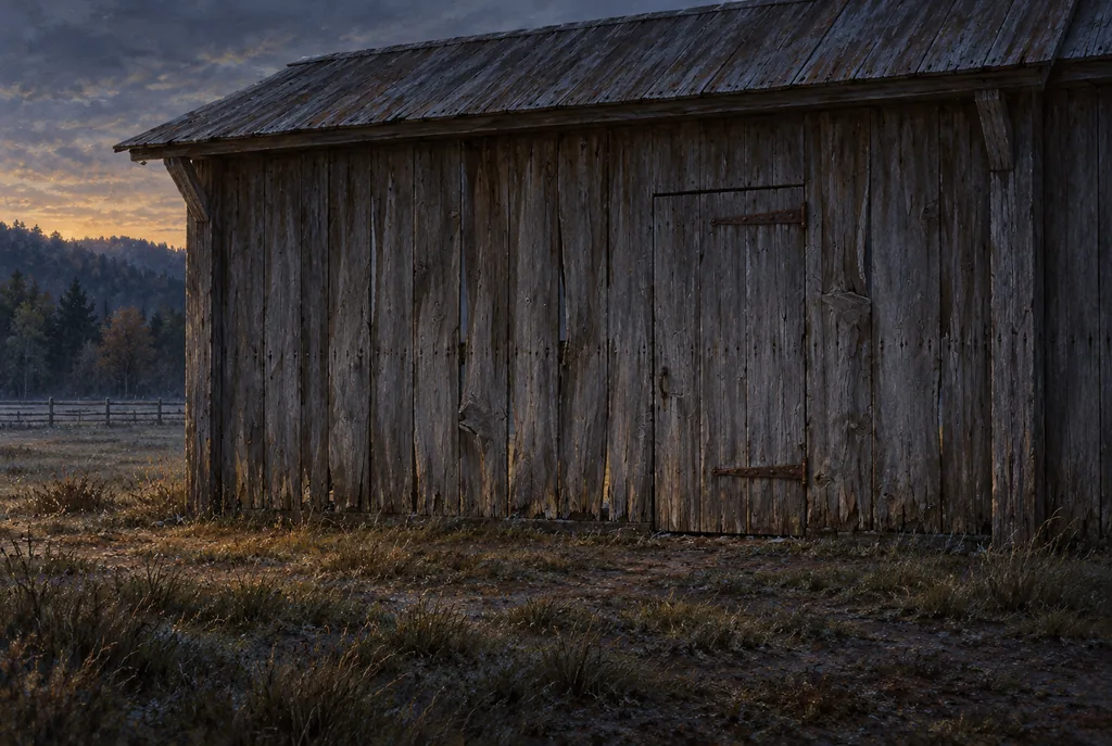 A closed, weathered plank door with iron strap hinges set into the barn's north wall at dawn.
