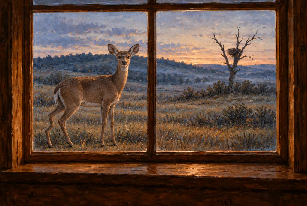 Through a wooden window, empty grassland stretches toward a ridge and a dead tree with a hawk's nest. A deer stands in the grass, looking toward the glass.