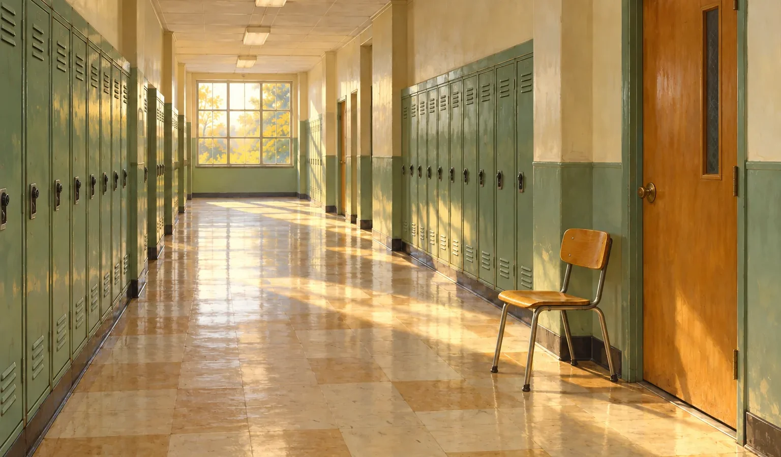 An empty school chair beside a closed classroom door, with afternoon light falling across a quiet hallway and green lockers.