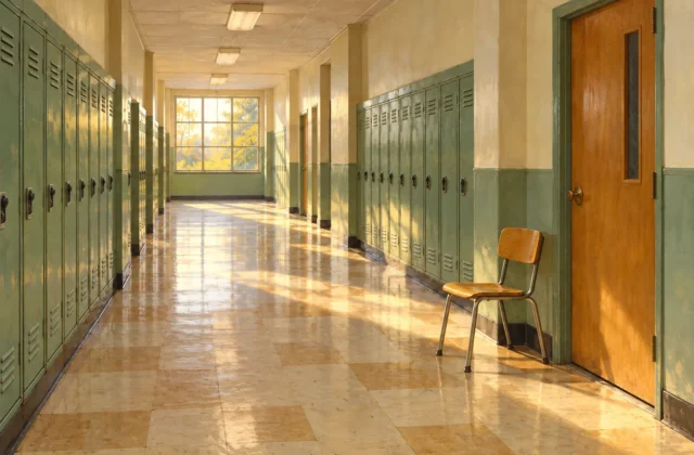 An empty school chair beside a closed classroom door, with afternoon light falling across a quiet hallway and green lockers.