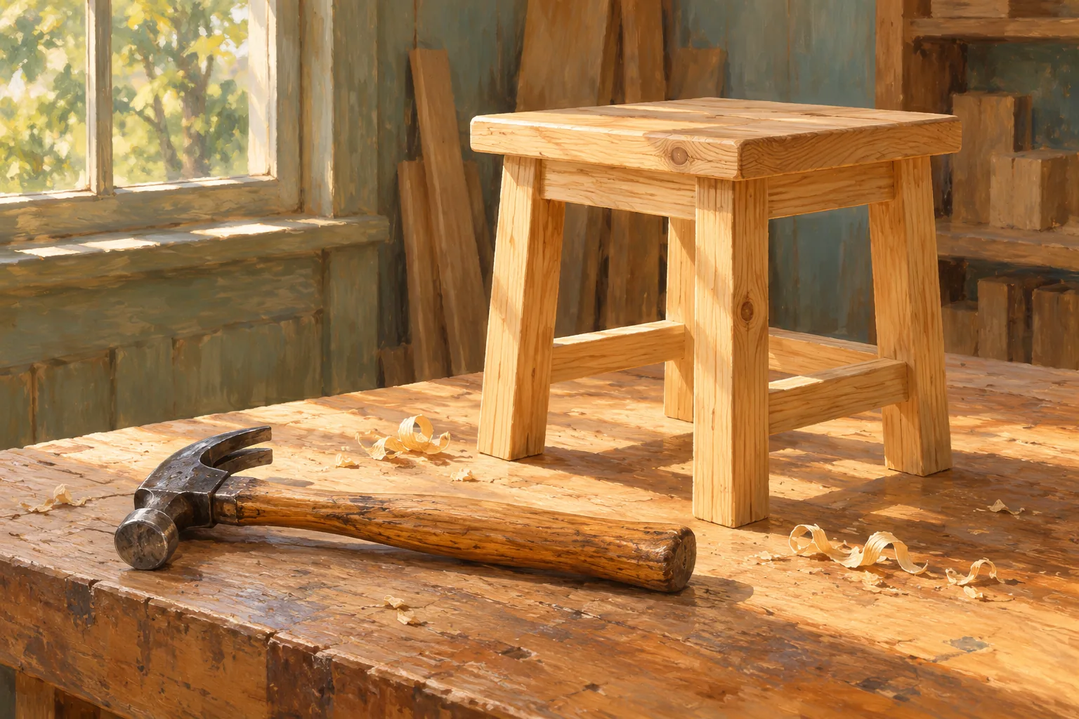 A worn wooden-handled hammer resting on a workbench beside a finished pine stool in afternoon light