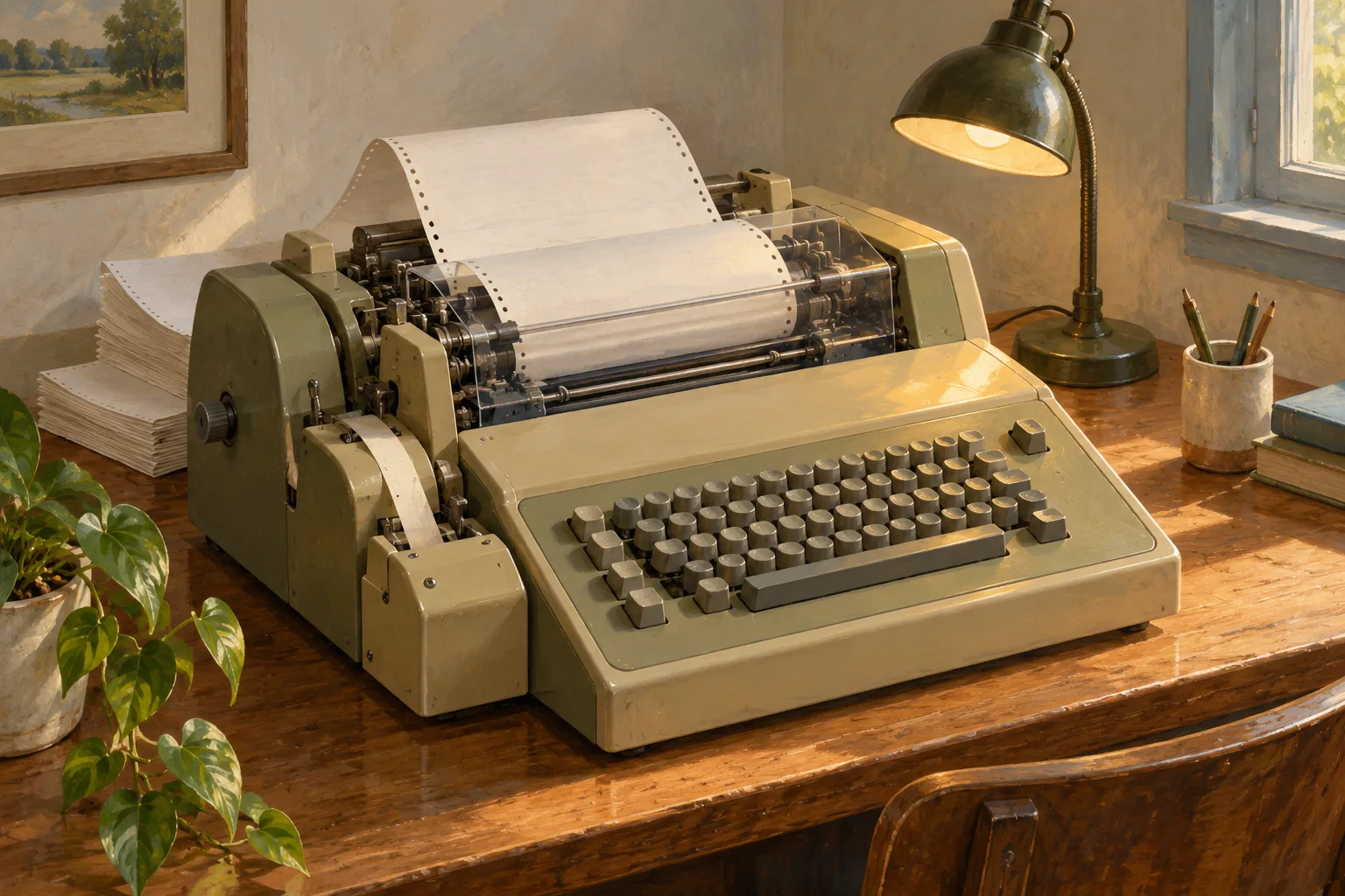 A vintage teletype terminal with blank fanfold paper on a wooden desk beneath a warm lamp